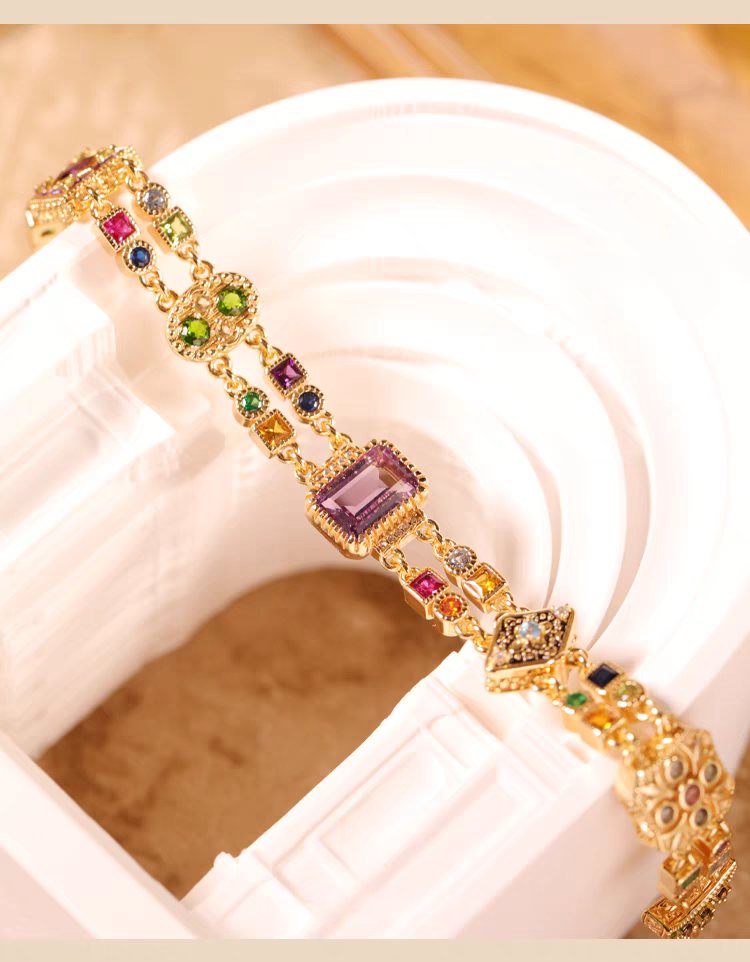 Victorian-Inspired Vintage Gemstone Double-Layer Bracelet - 925 Sterling Silver, Gold-Plated, Elegant & Adjustable