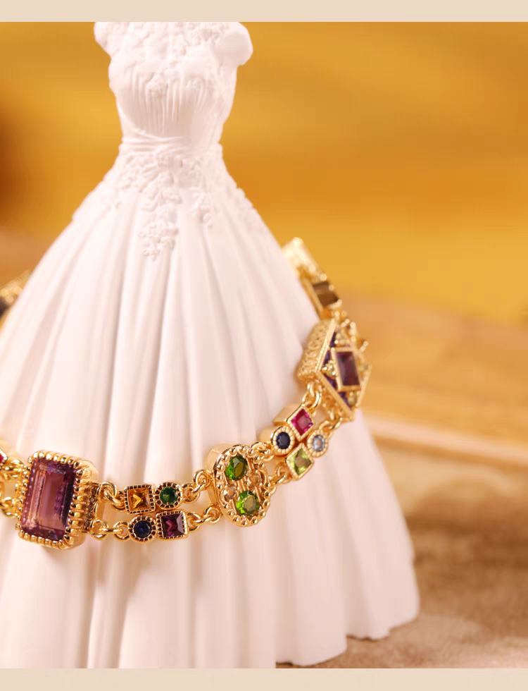 Victorian-Inspired Vintage Gemstone Double-Layer Bracelet - 925 Sterling Silver, Gold-Plated, Elegant & Adjustable