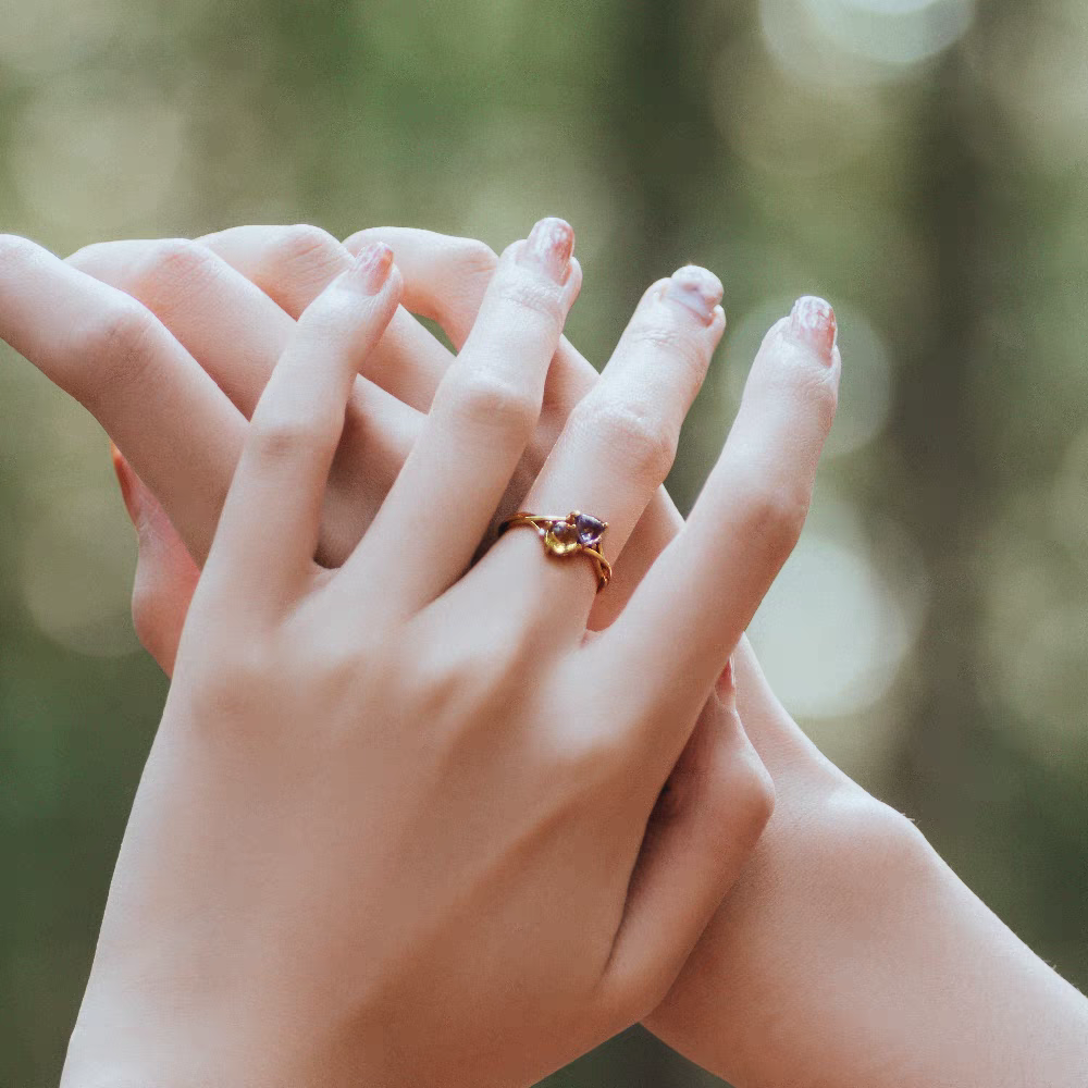 Cosmic Romance Ring – Sterling Silver Gold-Plated Amethyst & Citrine Sun and Moon Gemstone Ring