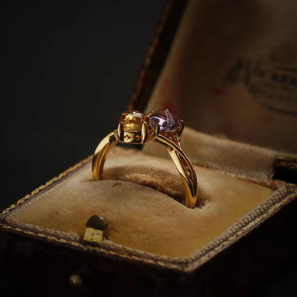 Cosmic Romance Ring – Sterling Silver Gold-Plated Amethyst & Citrine Sun and Moon Gemstone Ring