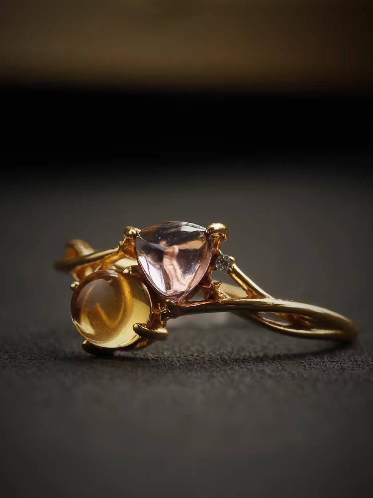 Cosmic Romance Ring – Sterling Silver Gold-Plated Amethyst & Citrine Sun and Moon Gemstone Ring