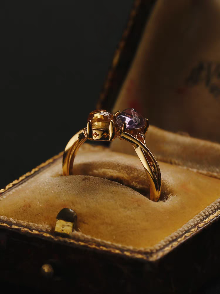 Cosmic Romance Ring – Sterling Silver Gold-Plated Amethyst & Citrine Sun and Moon Gemstone Ring