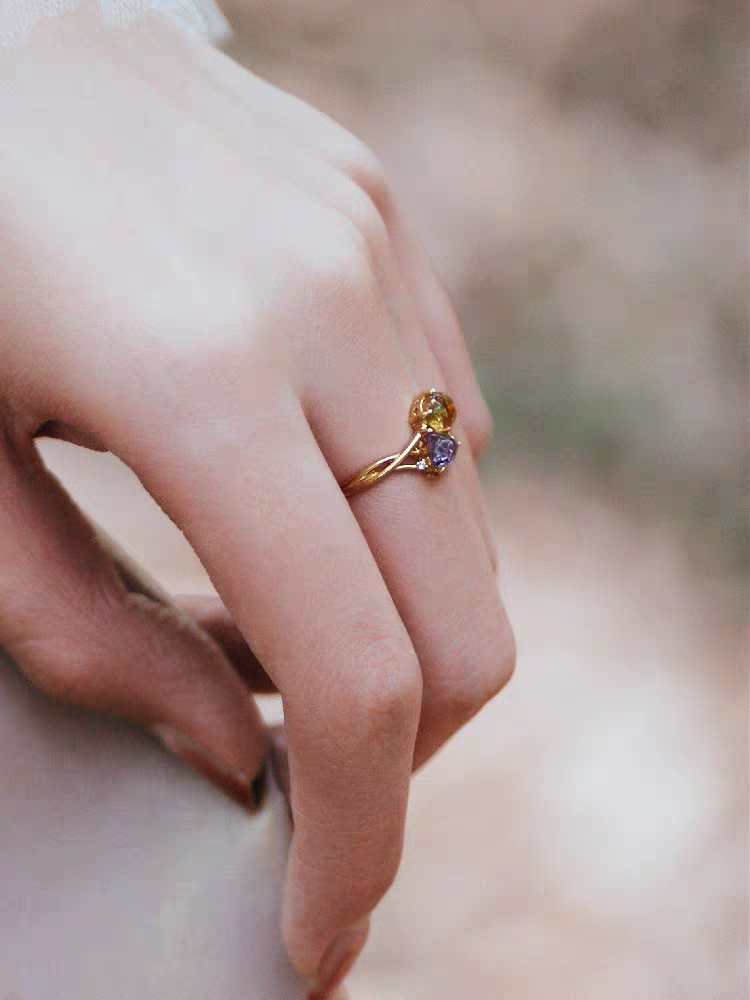 Cosmic Romance Ring – Sterling Silver Gold-Plated Amethyst & Citrine Sun and Moon Gemstone Ring