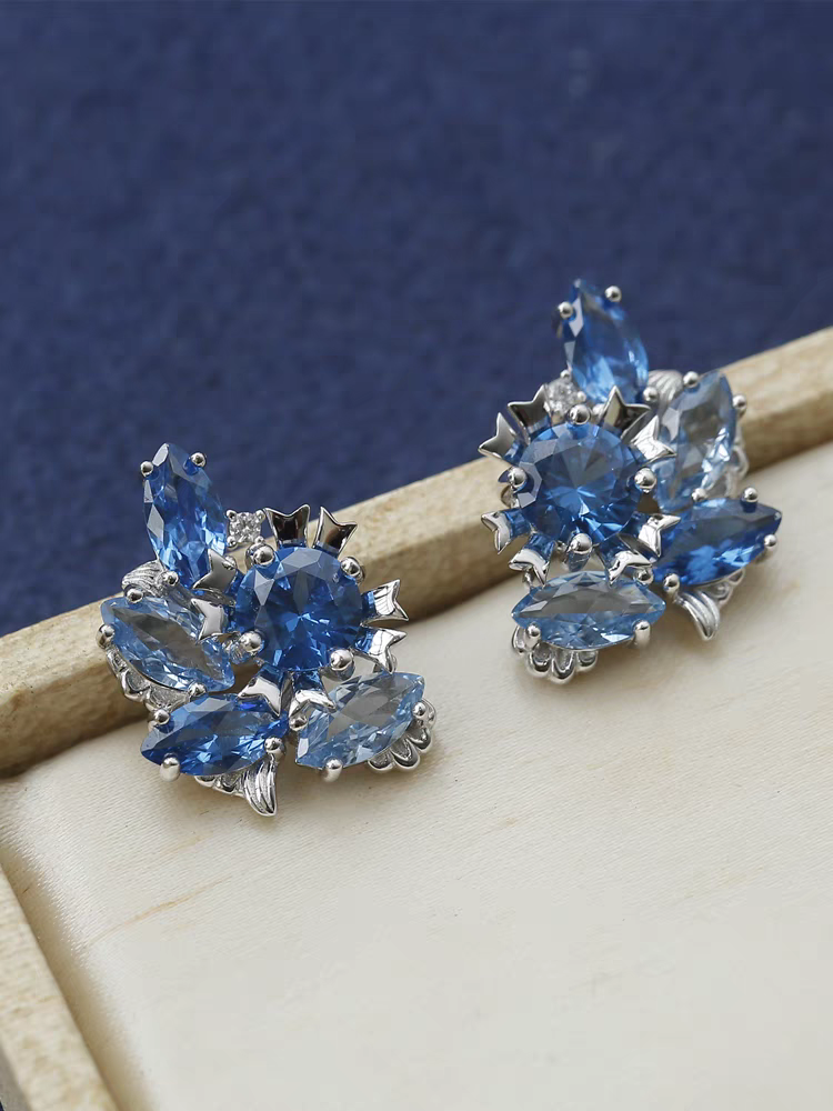 Tidal Wave Earrings – Sterling Silver Gold-Plated Vintage Blue Marquise Gemstone Studs