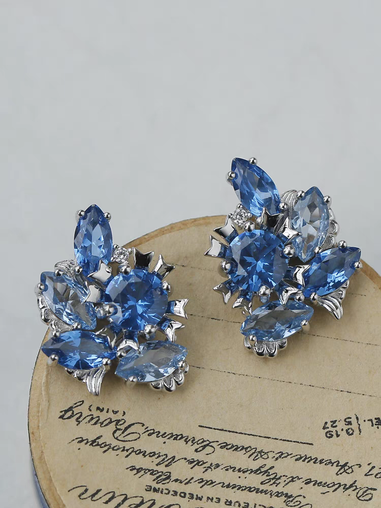 Tidal Wave Earrings – Sterling Silver Gold-Plated Vintage Blue Marquise Gemstone Studs