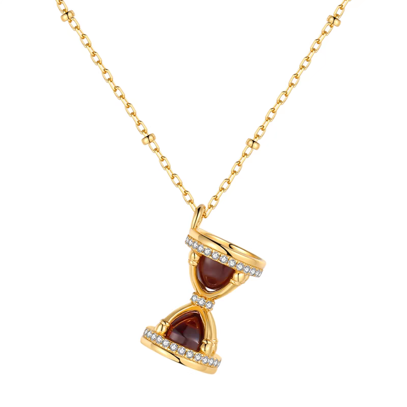 "Settled in Time" Hourglass Necklace – 925 Sterling Silver Gold-Plated Garnet Pendant