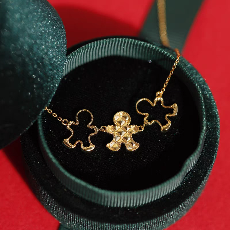 Gingerbread Man Necklace - Sterling Silver Gold Plated Hollow Out Cute Pendant for Christmas Gift