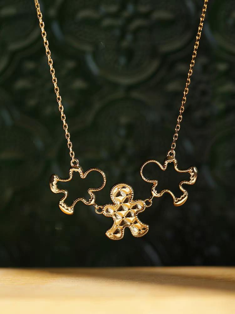 Gingerbread Man Necklace - Sterling Silver Gold Plated Hollow Out Cute Pendant for Christmas Gift