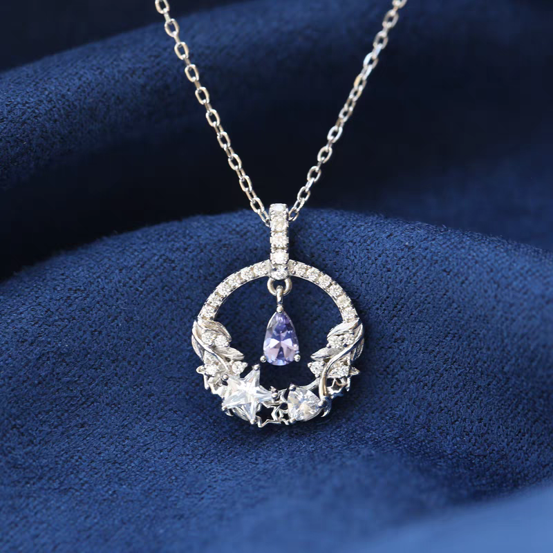 Moonlit Elegance Necklace – Sterling Silver Tanzanite Moon and Star Pendant | Delicate Celestial Jewelry