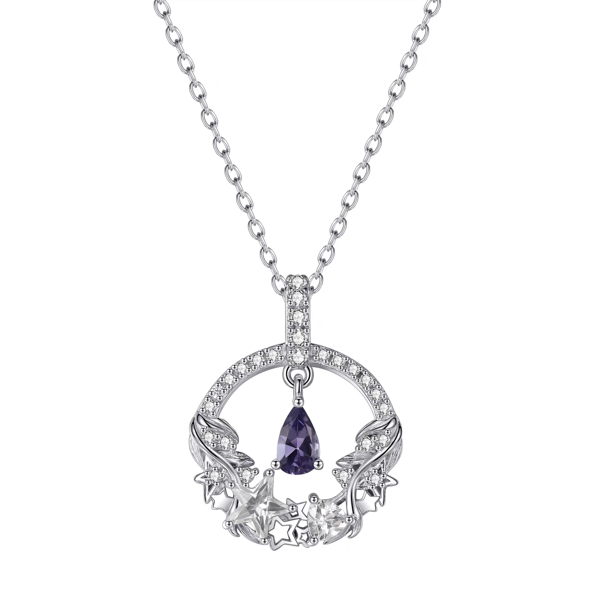 Moonlit Elegance Necklace – Sterling Silver Tanzanite Moon and Star Pendant | Delicate Celestial Jewelry