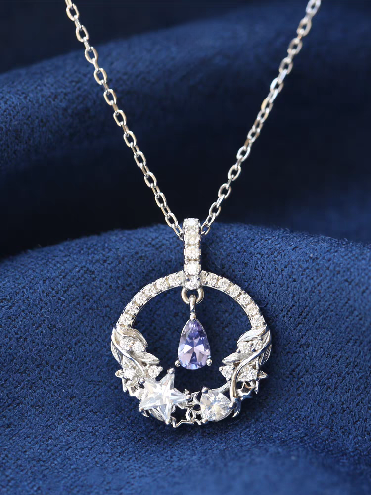 Moonlit Elegance Necklace – Sterling Silver Tanzanite Moon and Star Pendant | Delicate Celestial Jewelry