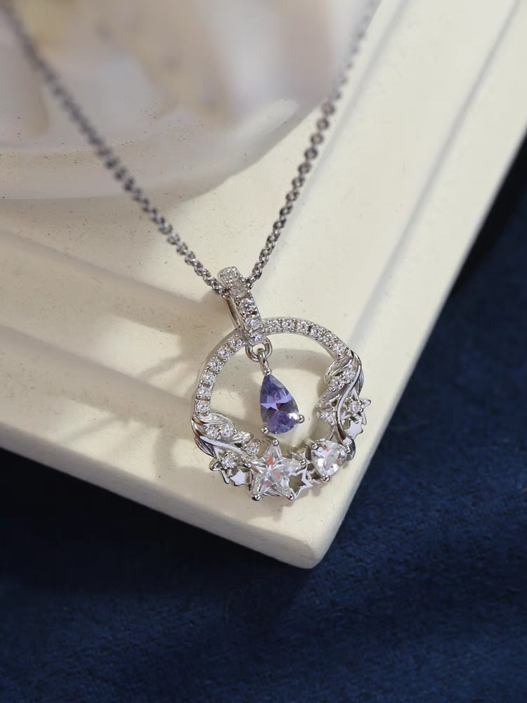 Moonlit Elegance Necklace – Sterling Silver Tanzanite Moon and Star Pendant | Delicate Celestial Jewelry