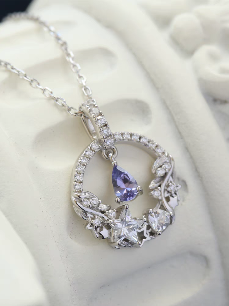 Moonlit Elegance Necklace – Sterling Silver Tanzanite Moon and Star Pendant | Delicate Celestial Jewelry