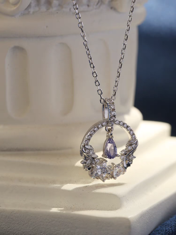 Moonlit Elegance Necklace – Sterling Silver Tanzanite Moon and Star Pendant | Delicate Celestial Jewelry