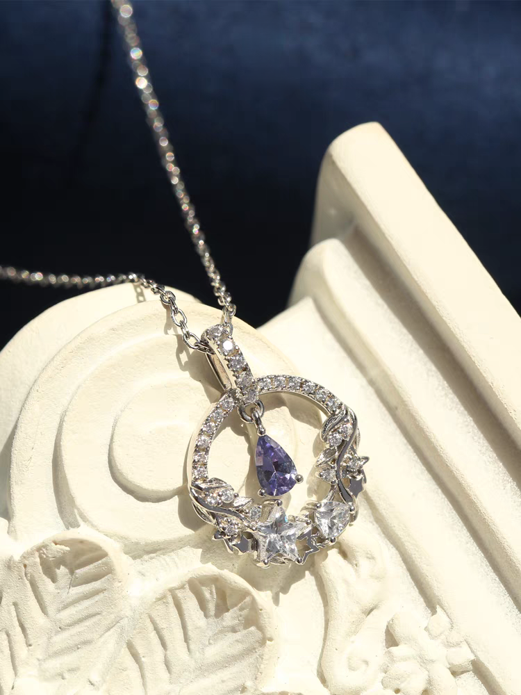 Moonlit Elegance Necklace – Sterling Silver Tanzanite Moon and Star Pendant | Delicate Celestial Jewelry