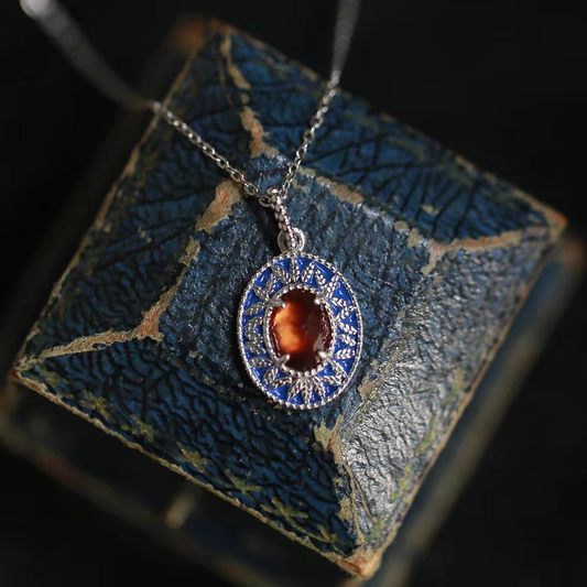 Sunset Island Necklace – Vintage Medieval-Inspired Spessartite Garnet & Enamel Pendant on Sterling Silver Chain | Unique Gift Idea