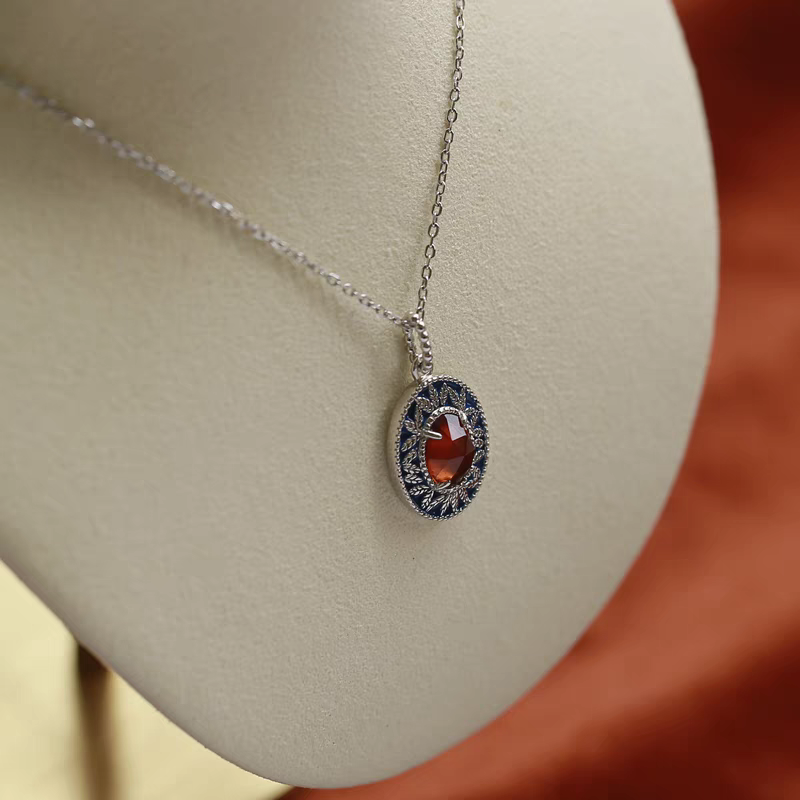 Sunset Island Necklace – Vintage Medieval-Inspired Spessartite Garnet & Enamel Pendant on Sterling Silver Chain | Unique Gift Idea