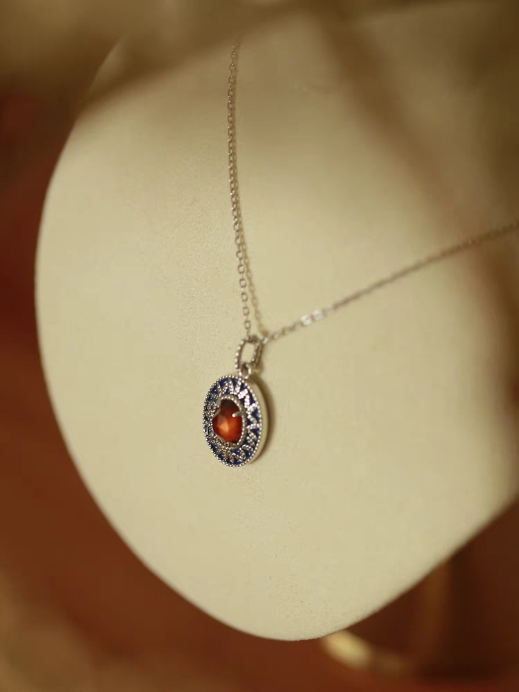 Sunset Island Necklace – Vintage Medieval-Inspired Spessartite Garnet & Enamel Pendant on Sterling Silver Chain | Unique Gift Idea