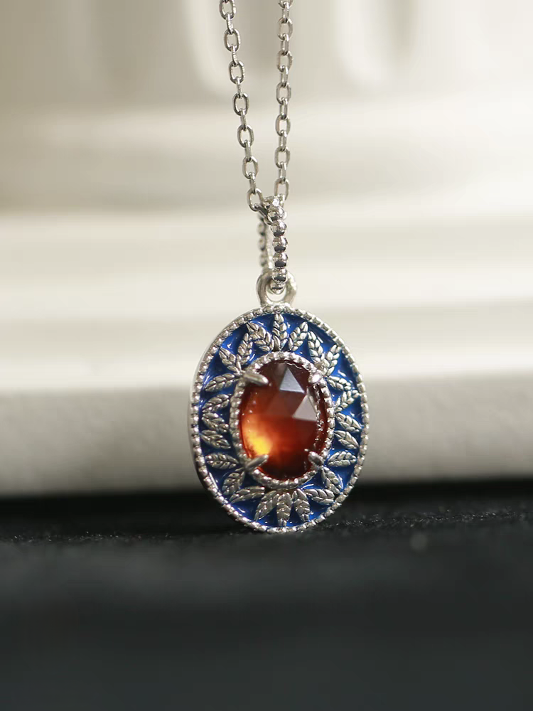 Sunset Island Necklace – Vintage Medieval-Inspired Spessartite Garnet & Enamel Pendant on Sterling Silver Chain | Unique Gift Idea