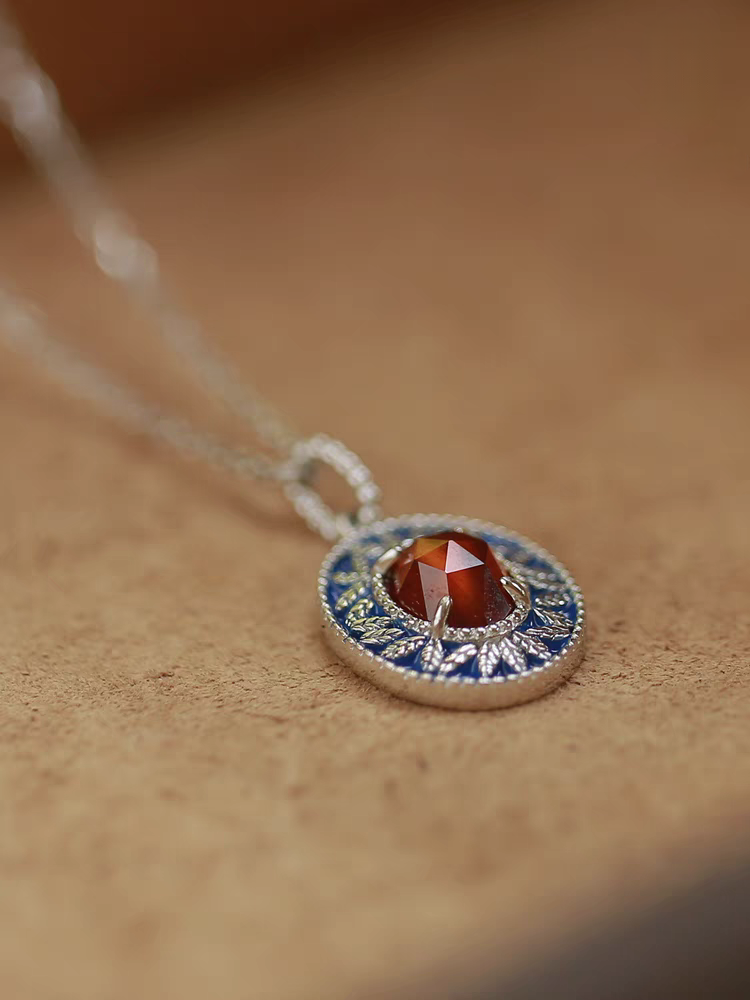 Sunset Island Necklace – Vintage Medieval-Inspired Spessartite Garnet & Enamel Pendant on Sterling Silver Chain | Unique Gift Idea