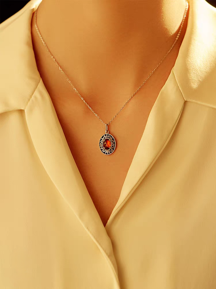 Sunset Island Necklace – Vintage Medieval-Inspired Spessartite Garnet & Enamel Pendant on Sterling Silver Chain | Unique Gift Idea