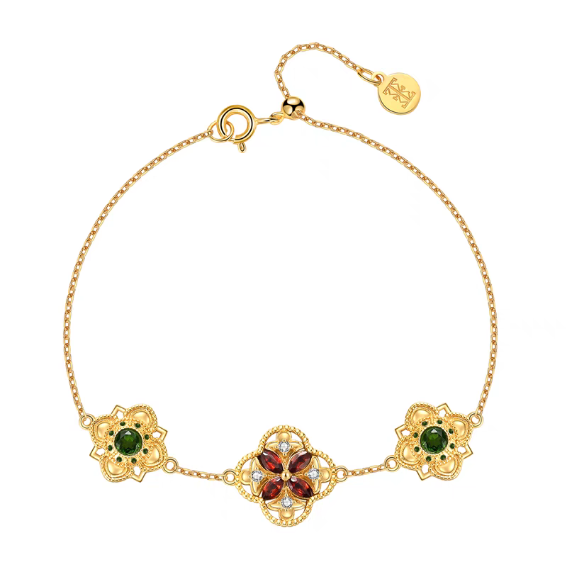 Flower Tile Bracelet: Vintage-Style Natural Gemstone Bracelet in Gold-Plated 925 Silver with Diopside and Garnet