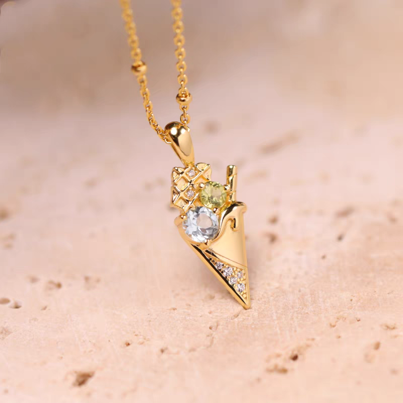 Sobremesa Collection Ice Cream Cone Necklace – 925 Silver Gilded Pendant with Blue Topaz & Peridot, Luxury Gift for Women