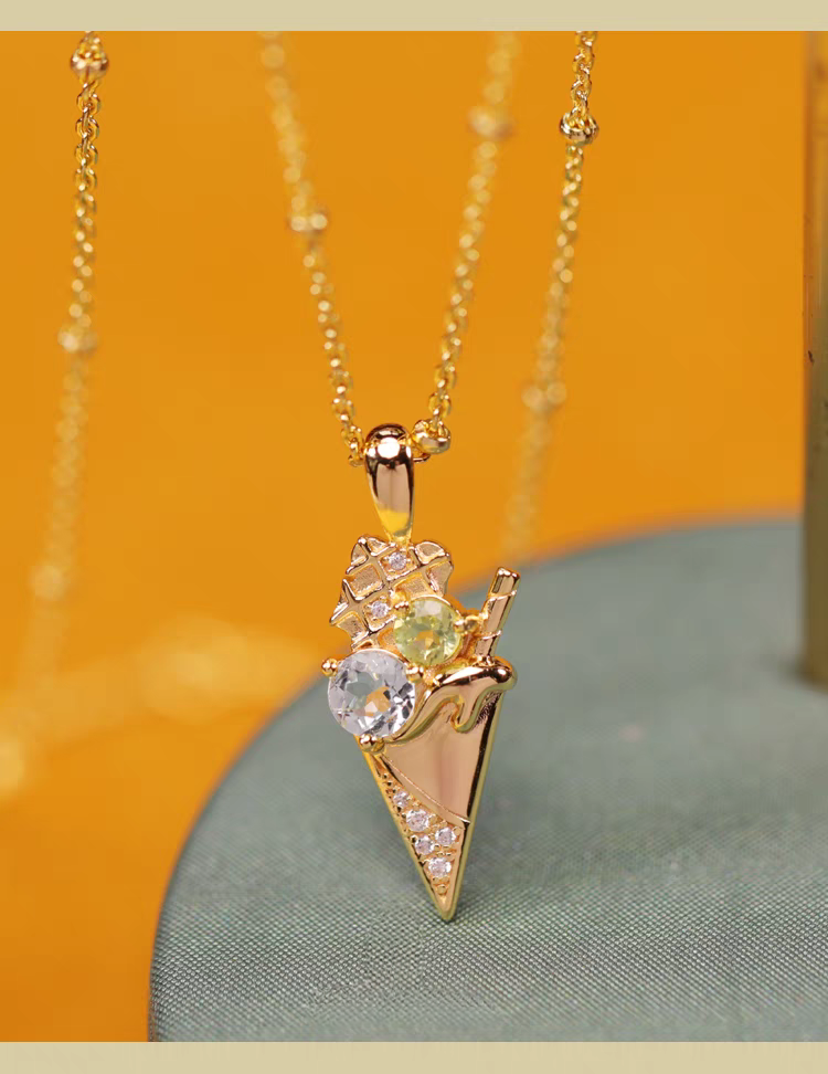 Sobremesa Collection Ice Cream Cone Necklace – 925 Silver Gilded Pendant with Blue Topaz & Peridot, Luxury Gift for Women