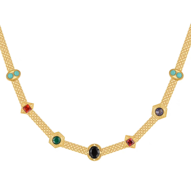 Medieval Gem Necklace – 925 Sterling Silver Choker with Natural Onyx, Garnet, and Turquoise, Vintage-Inspired Adjustable Statement Piece