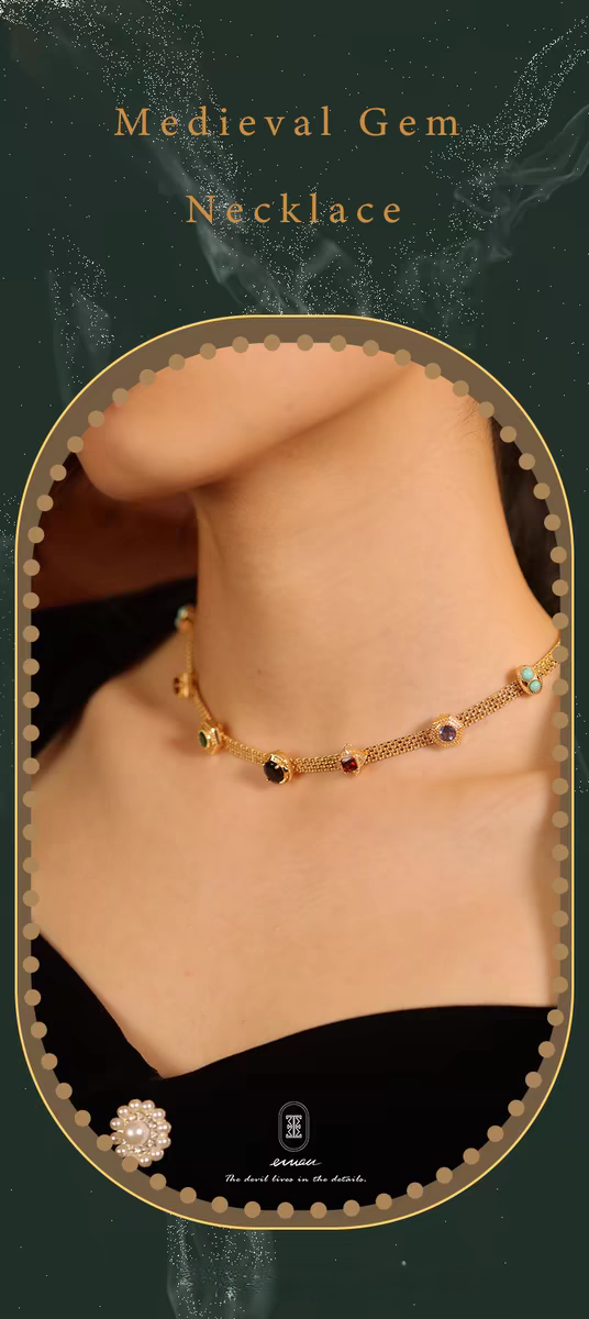 Medieval Gem Necklace – 925 Sterling Silver Choker with Natural Onyx, Garnet, and Turquoise, Vintage-Inspired Adjustable Statement Piece