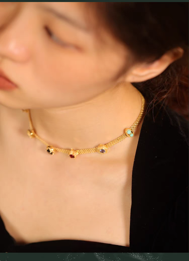 Medieval Gem Necklace – 925 Sterling Silver Choker with Natural Onyx, Garnet, and Turquoise, Vintage-Inspired Adjustable Statement Piece