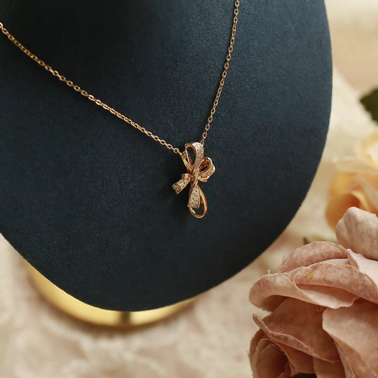 Elegant Bowknot Necklace – 925 Sterling Silver & Gold-Plated Pendant with Nano Zircon, Adjustable French Luxury Gift