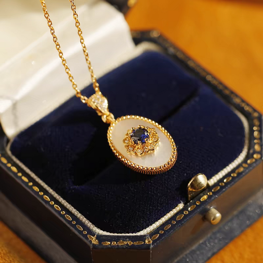 Blue Gilded Dream Pendant Necklace – Vintage-Inspired Royal Blue Sapphire & Mother of Pearl Pendant in 925 Sterling Silver, Gold-Plated