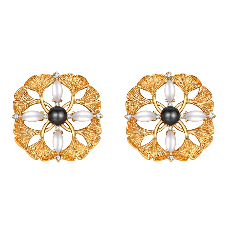 "Golden Ginkgo" Vintage Pearl Stud Earrings - 925 Silver & Gold-Plated Retro Leaf Design