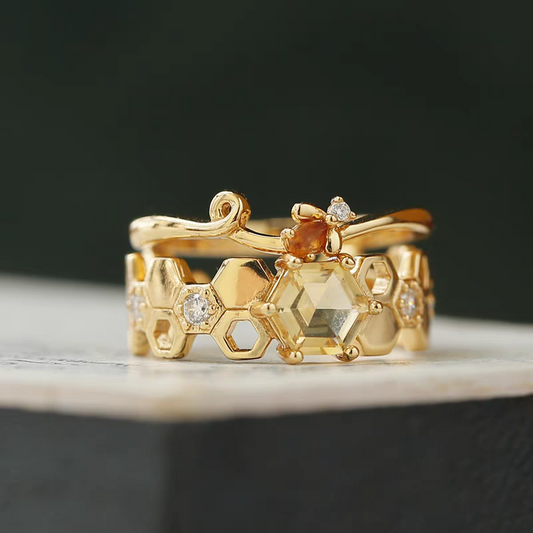 Honeybee Stacking Ring – 925 Sterling Silver Citrine & Fanta Stone Adjustable Open Ring, Unique Luxury Gemstone Design