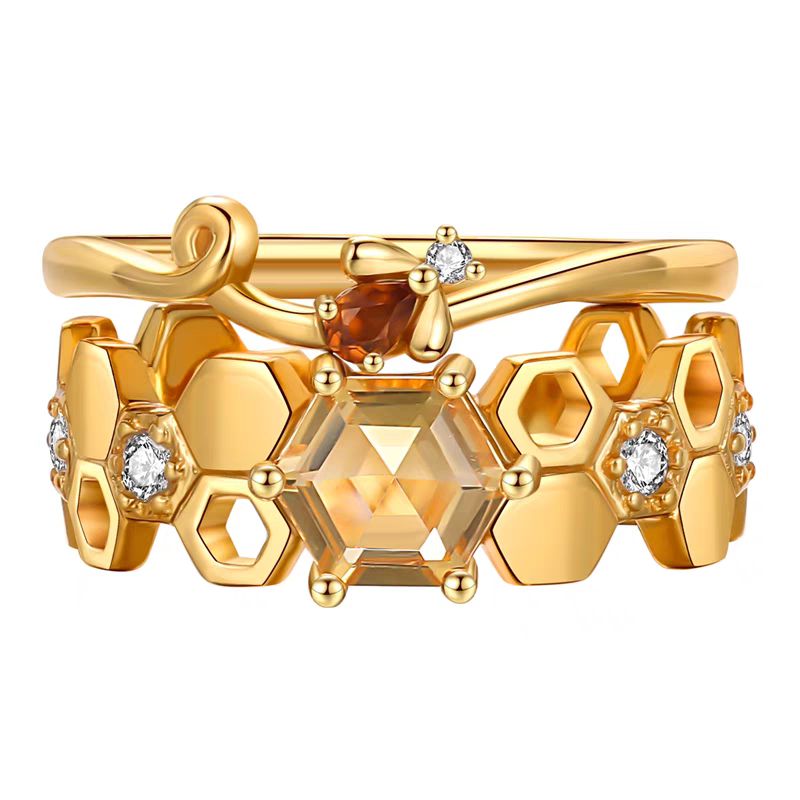 Honeybee Stacking Ring – 925 Sterling Silver Citrine & Fanta Stone Adjustable Open Ring, Unique Luxury Gemstone Design