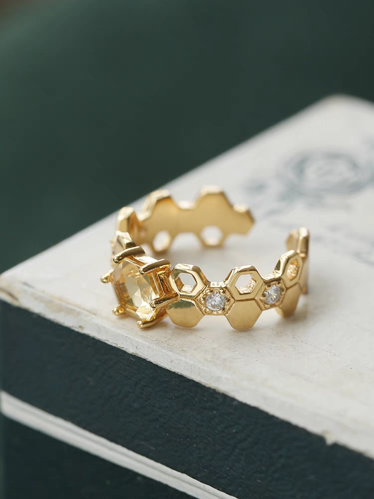 Honeybee Stacking Ring – 925 Sterling Silver Citrine & Fanta Stone Adjustable Open Ring, Unique Luxury Gemstone Design