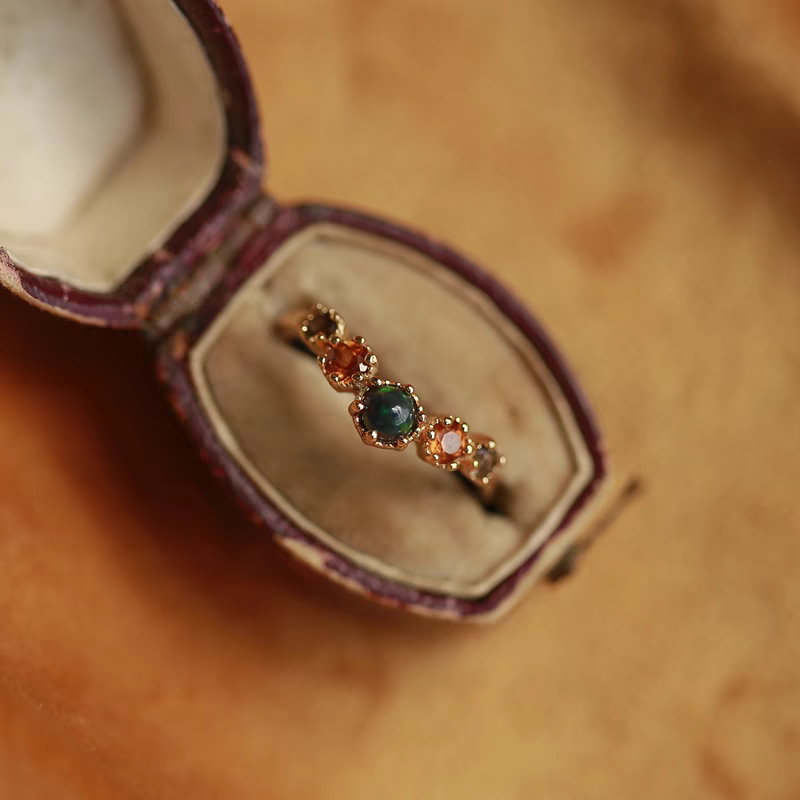 Dusk at Sunset Black Opal & Citrine Adjustable Ring, Sterling Silver with Gold Vermeil – Luxury Vintage Open Ring