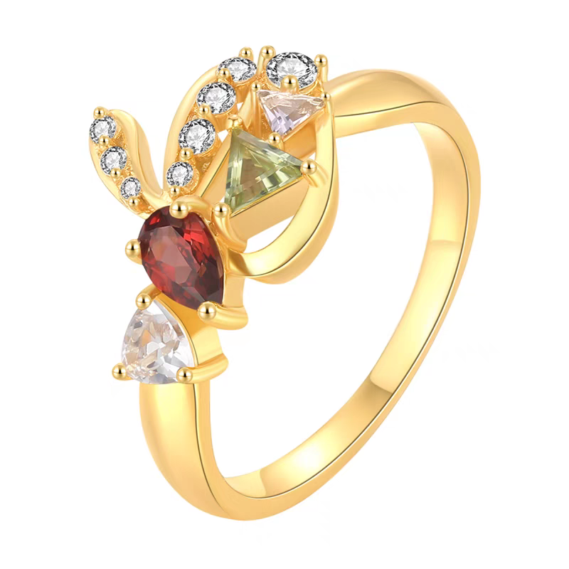 Bunny BENO.1 Ring - 925 Sterling Silver Gold-Plated Gemstone Ring with Garnet, Amethyst, Peridot, White Quartz, and Topaz, Unique Luxury Gift for Women