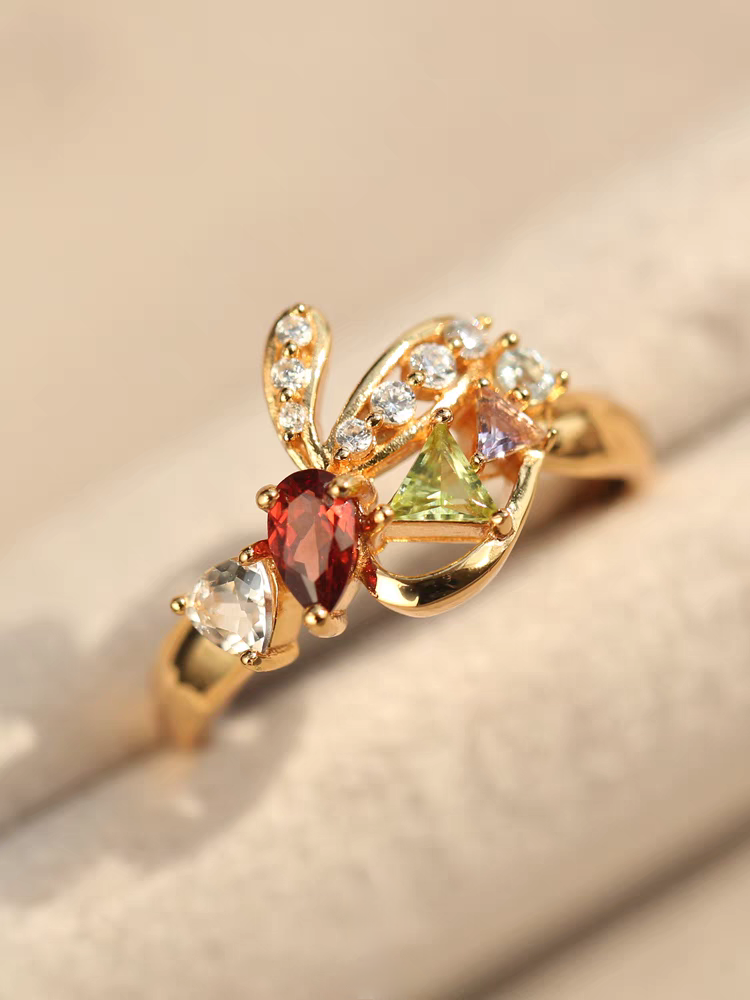 Bunny BENO.1 Ring - 925 Sterling Silver Gold-Plated Gemstone Ring with Garnet, Amethyst, Peridot, White Quartz, and Topaz, Unique Luxury Gift for Women