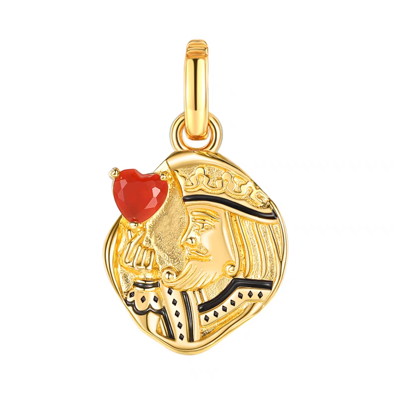 The King's Heart Vintage Coin Necklace - 925 Silver Gold-Plated Poker Heart Pendant with Red Agate