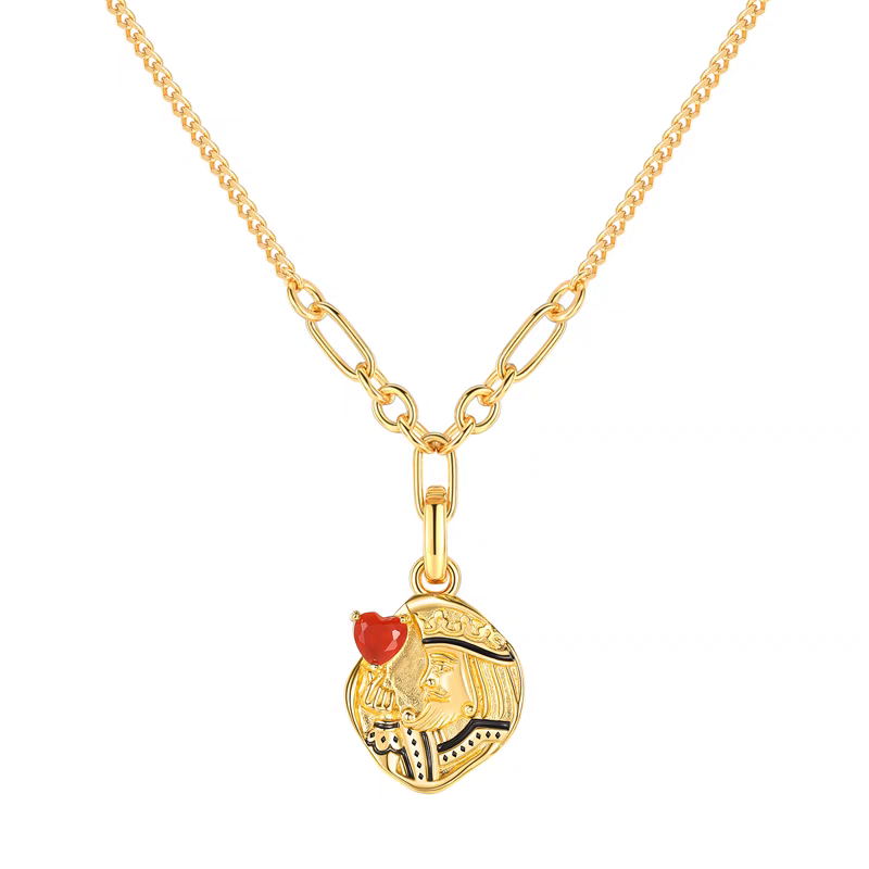 The King's Heart Vintage Coin Necklace - 925 Silver Gold-Plated Poker Heart Pendant with Red Agate