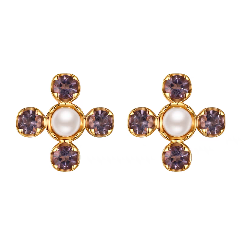 Vintage Four-Leaf Clover Amethyst Pearl Earrings - 925 Silver Elegant Floral Studs