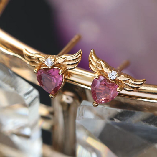 Stellar Wings Pink Tourmaline Heart Stud Earrings - 925 Silver Winged Heart Mini Earrings