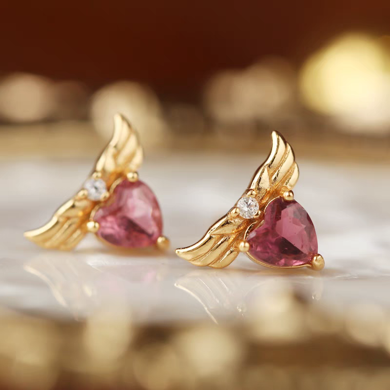 Stellar Wings Pink Tourmaline Heart Stud Earrings - 925 Silver Winged Heart Mini Earrings