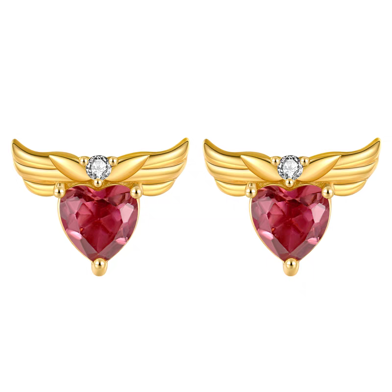 Stellar Wings Pink Tourmaline Heart Stud Earrings - 925 Silver Winged Heart Mini Earrings