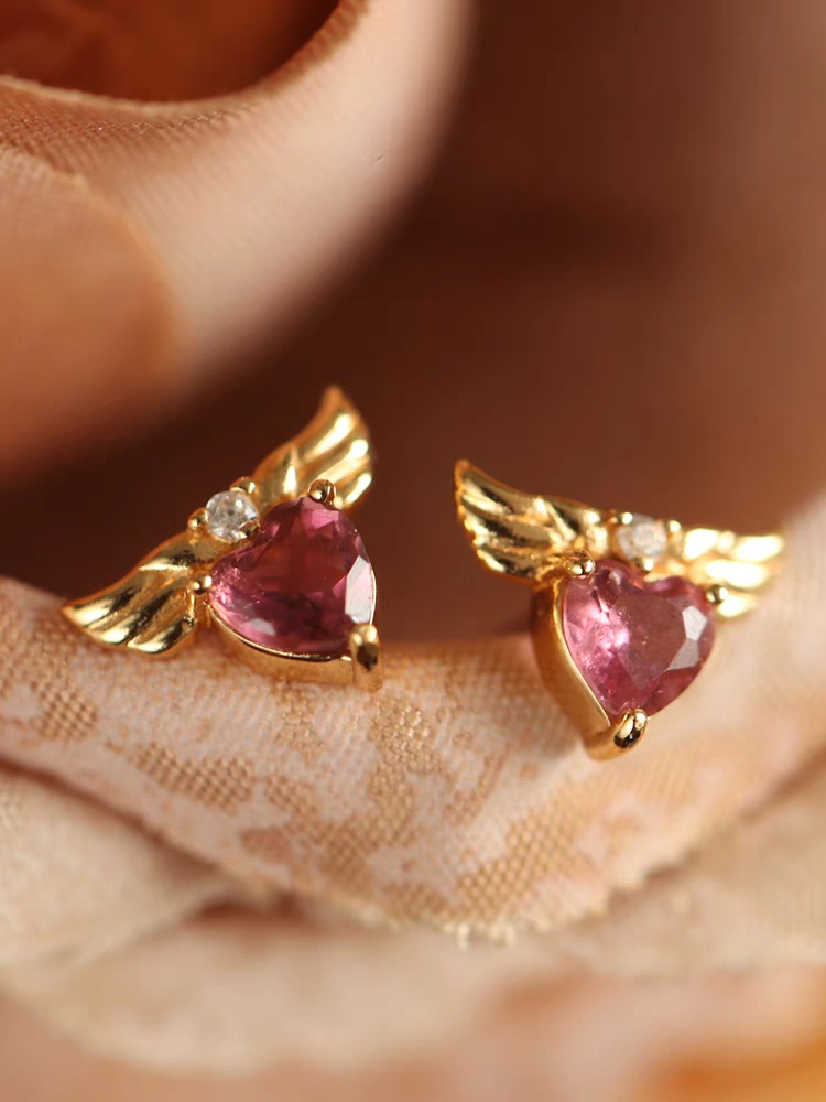 Stellar Wings Pink Tourmaline Heart Stud Earrings - 925 Silver Winged Heart Mini Earrings