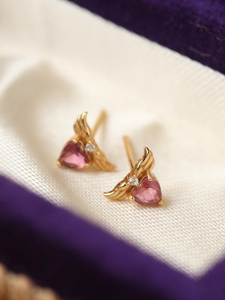 Stellar Wings Pink Tourmaline Heart Stud Earrings - 925 Silver Winged Heart Mini Earrings