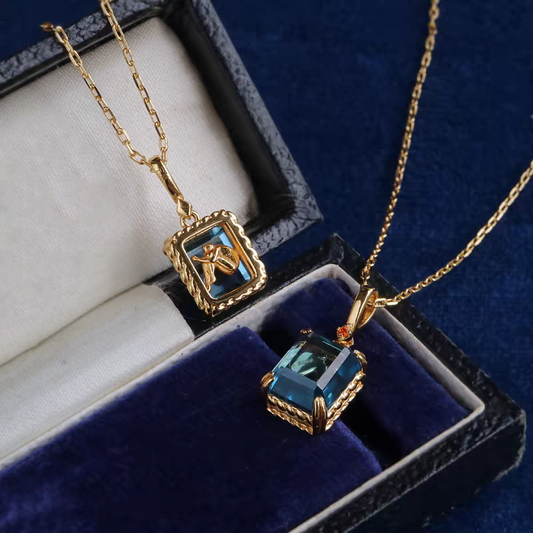 Ocean Soul: Swiss Blue Topaz & Orange Zircon Silver Necklace – Gold-Plated Vintage-Inspired Healing Statement Piece