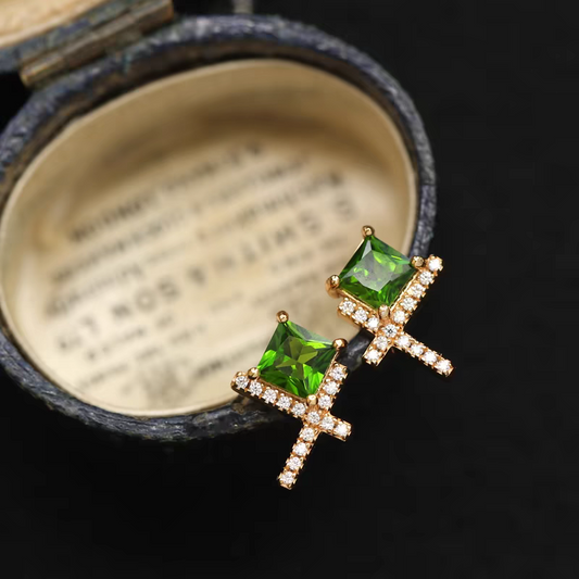 Whispering Grass: Mini Diopside Stud Earrings – Gold-Plated Sterling Silver, Simple Vintage-Inspired Green Studs